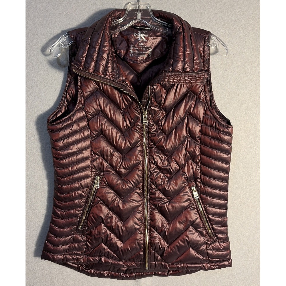 Calvin Klein Premium Down Maroon Dark Red Gold Zipper Puffer Vest Womens Sz M